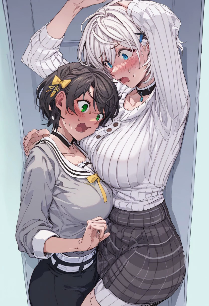 male shota and woman, score_9, score_8_up, score_7_up, score_6_up, score_5_up, score_4_up, BREAK 1girl, (black hair:1.1), streaked hair, mint green streaks, double bun, skull hair ornament, mint green eyes, black pupils, blunt bangs, black lips, thick lips, long eyelashes, black eyeshadow, blush, black collar, mole under mouth, nose blush, ear blush, BREAK shota and woman, side view, black thong, huge breasts, thick thighs, thigh gap, steam, sagging breasts, black tube top, strapless, sleeveless, breast lift, BREAK black background, dynamic pose, dynamic angle, angled shot, kiss, hard kissing, tongue out, tongue, saliva drip, woman rape shota, rape, size difference, age difference,