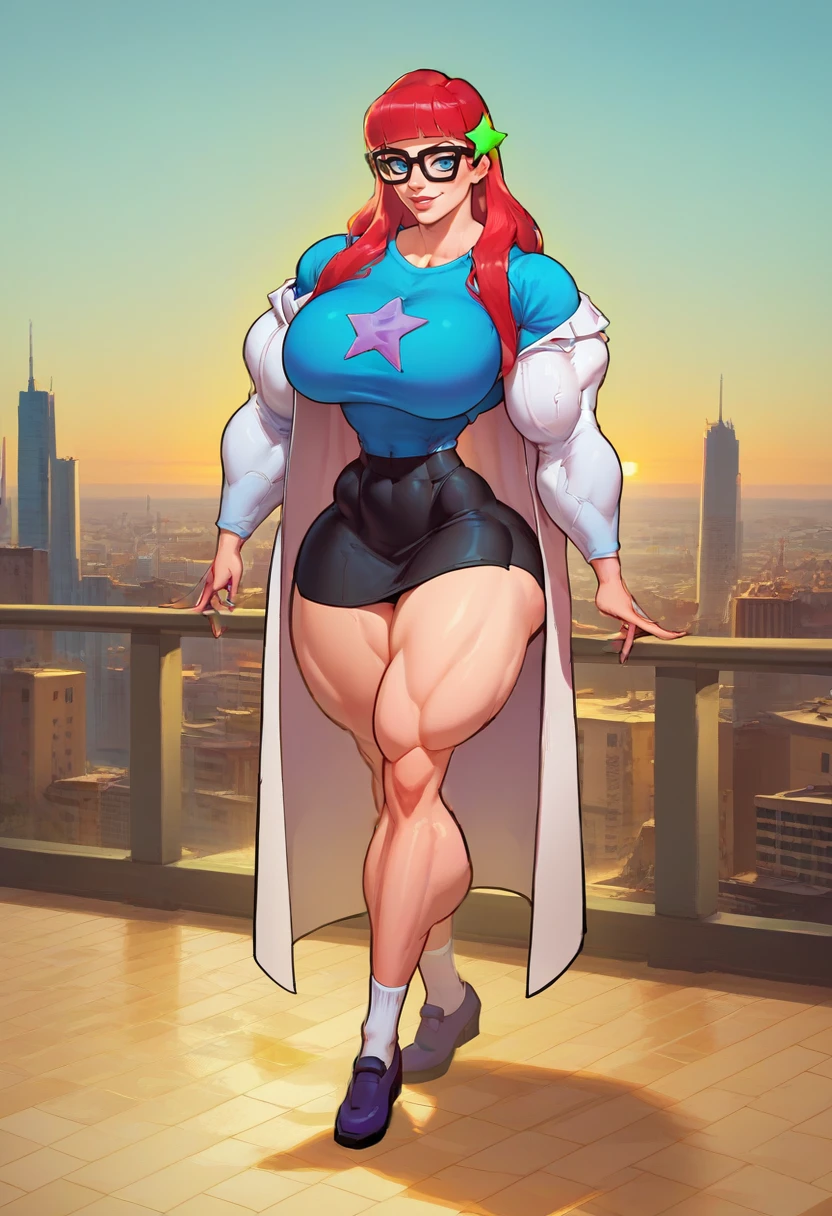 score_9,score_8,score_7,source_anime,zPDXL2,zPDXLxxx,looking at viewer,facing viewer,full body,solo,what a mass!,hyper muscles,gigantic breasts,<lora:What_a_Mass-000008:0.8>,thick thigs,wide hips,<lora:SusanTest_LeafXL_2:0.8>,solo,1girl,Susan,Red hair,long hair,blunt bangs,blue eyes,glasses,black skirt,blue t-shirt,star hair ornament,lab coat,long sleeves BREAK modern city,city,detailed background,