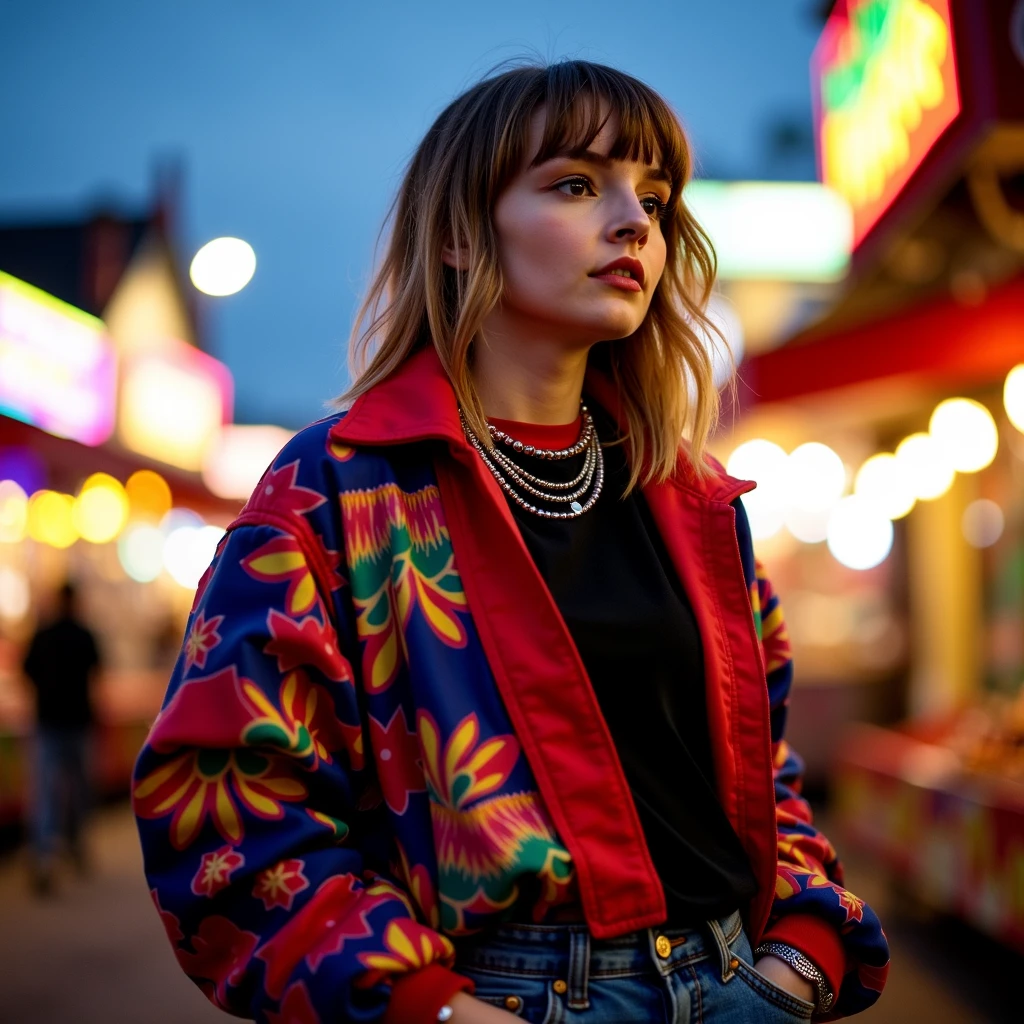 lmbr, cinematic, full body shot, contrasting lights, in the town fair of a colorful town, she's wearing 90s fashion jacket, parachute pants, black long sleeved shirt,  scarlet undershirt, she's wearing colorful necklaces, bracelets and silver colorful rings. The camera is fixed side viewing her, at dusk,  photorealistic, real photography, 8k, hd, 85mm  <lora:lauren-mayberry:1>, Photorealistic, Hyperrealistic, Hyperdetailed, analog style, soft lighting, subsurface scattering, realistic, heavy shadow, masterpiece, best quality, ultra realistic, 8k, golden ratio, Intricate, High Detail, film photography, soft focus, RAW candid cinema, 16mm, color graded portra 400 film, remarkable color, ultra realistic, textured skin, remarkable detailed pupils, realistic dull skin noise, visible skin detail, skin fuzz, dry skin, shot with cinematic camera