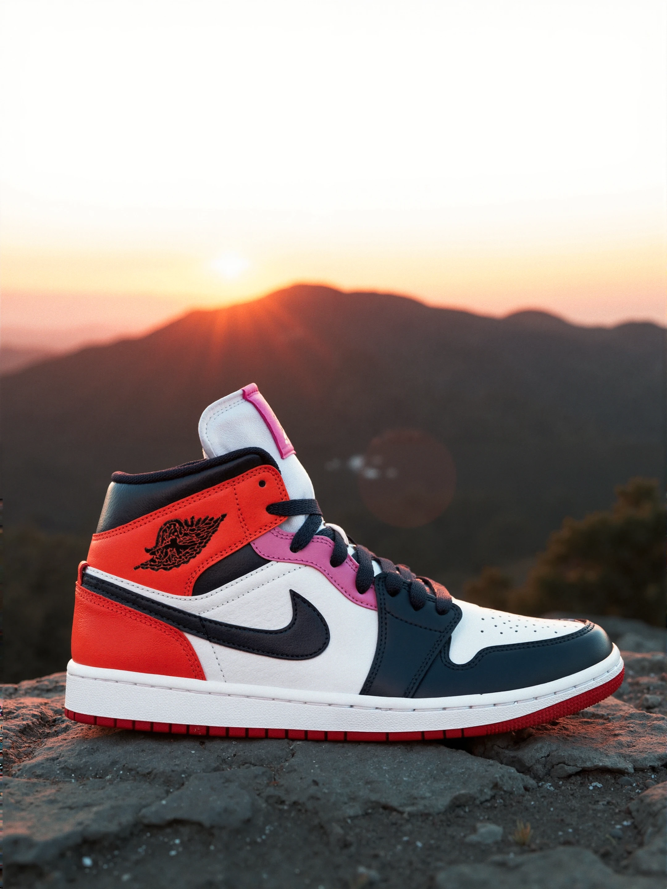 At a mountain top, golden hour,nature,  The shoe features a mix of colors including white, orange, navy blue, pink, and red. The upper part is primarily made of leather and includes a nylon tongue. The Nike logo is visible on the side in a navy blue color. The tongue has a pink patch with a Jordan logo.