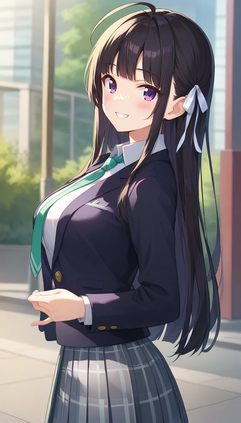 score_9,score_8_up,score_7_up,score_6_up BREAK official art,solo,outdoors,upper body,(portrait:1.5),looking at viewer,facing viewer,smile,blush,taut clothes,Subaru Awa,ahoge,very long hair,black hair,hime cut,hair intakes,hair ribbon,white ribbon,sidelocks,blunt bangs,purple eyes,school uniform,black jacket,blazer,wing collar,green necktie,white shirt,collared shirt,long sleeves,medium breasts,grey skirt,plaid skirt,pleated skirt,black socks,loafers,<lora:Subaru Awa(gbc)-Pony:0.9>,