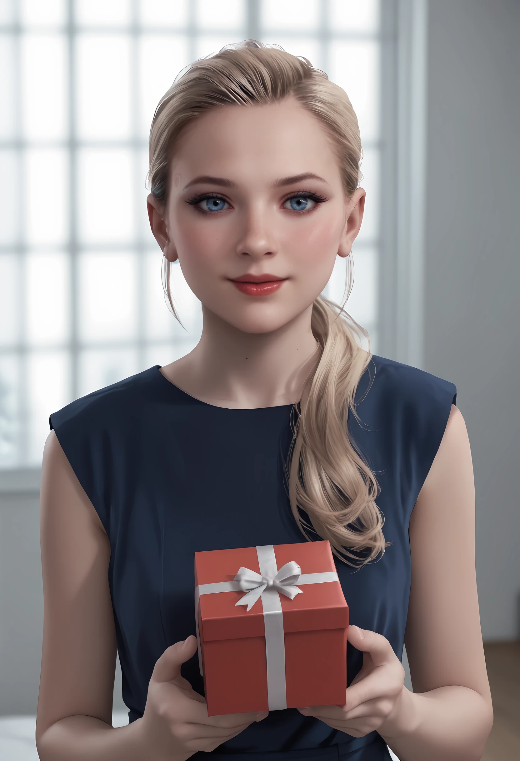 score_9, score_8_up, score_7_up, score_6_up, score_5_up, score_4_up, 1girl, <lora:ChloeDBH:0.7> blonde hair, long hair, ponytail, lips, blue eyes, looking at viewer, blush, long eyelashes, makeup, red lips, smile, blue dress, dress, upper body, holding a present,
bedroom,