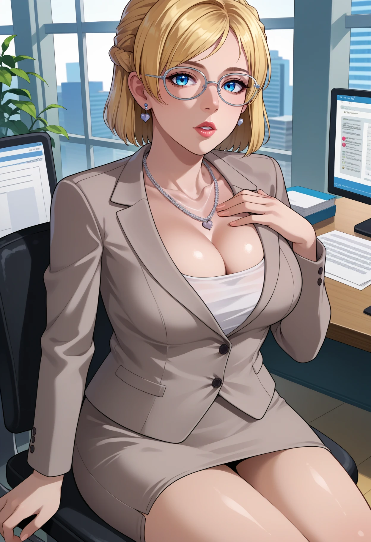 score_9, score_8_up, source_anime, 1girl, sitting, looking at viewer, parted lips, hand on own chest, <lora:JessieDeadRising-pdxl:1> j3ssie, blonde hair, short hair, french braid, glasses, blue eyes, lipstick, heart earrings, heart necklace, suit, formal, grey jacket, long sleeves, large breasts, cleavage, white shirt, pencil skirt, office, desk, chair, computer