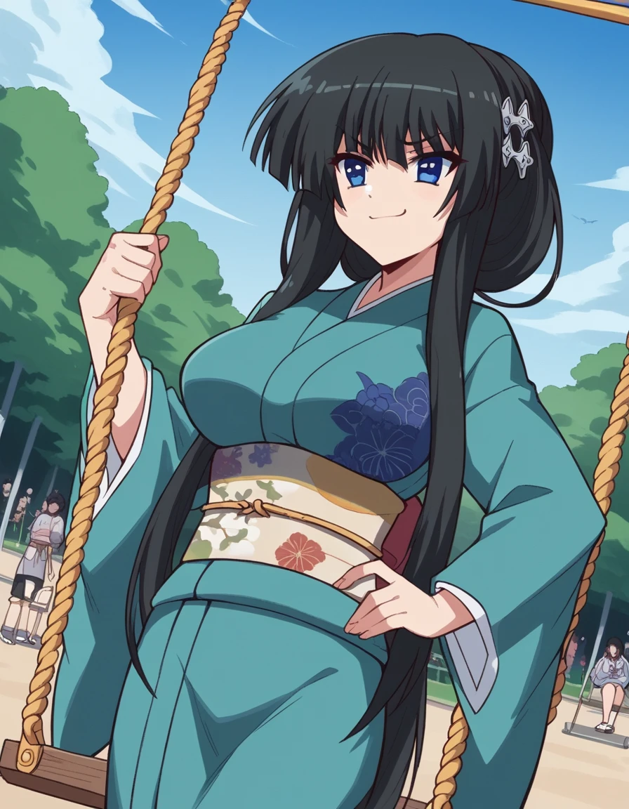 score_9, score_8_up, score_7_up, source_anime, <lora:senka-yorozu-s1-ponyxl-lora-nochekaiser:1>, senka yorozu, long hair, blue eyes, black hair, hair ornament, very long hair, large breasts,, long sleeves, japanese clothes, kimono, sash, obi, public park, playground, swing set, laughter, sunny day, , , smug, hand on hips,, solo,, cowboy shot, dutch angle,