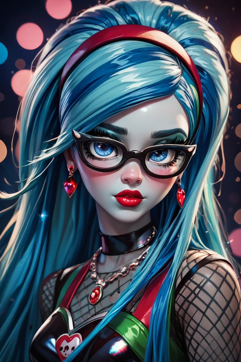 score_9, score_8_up, score_8, medium breasts, (curvy), cute, eyelashes,       BREAK, , zzGhoulia, long hair, blue hair, glasses, colored skin, blue eyes, very long hair,  jewelry, hairband, earrings, makeup, lipstick, striped, necklace, red pants, fishnets,  <lora:Ghoulia_MH_PDXL:0.8>,  , BREAK,  (ultra realistic,32k, masterpiece:1.2),(high detailed skin:1.1),( high quality:1.1), curvy, head tilt, hearts, blush, lips, closed mouth, curvy, head tilt, shiny clothes, (upper body), looking at viewer, bokeh, luminescent background, ,,, embedding:zPDXL, Expressiveh, ,,, <lora:RlAnmPDXL:1.0>,