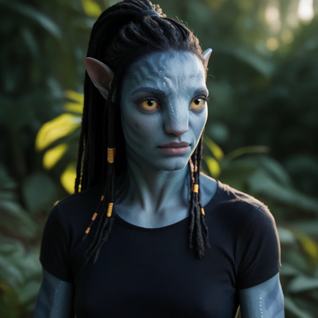 score_9_up, score_8_up, BREAK, 1girl, solo, Na'vi, black hair, long hair, high ponytail, dreadlocks, yellow eyes, pointy ears, colored skin, blue skin, striped skin, black shirt, upper body, depth of field, <lora:NaVi_Race_Avatar_JC_PXL_Leaf1:1>, realistic, cinematic lighting,