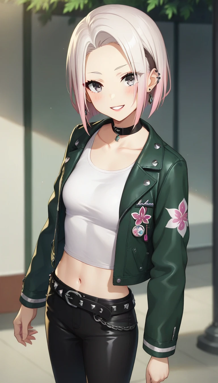 score_9,score_8_up,score_7_up,score_6_up BREAK official art,solo,outdoors,cowboy shot,looking at viewer,facing viewer,smile,blush,Kyoko,medium hair,white hair,multicolored hair,pink hair,jewelry,earrings,ear piercing,forehead,parted bangs,eyeshadow,grey eyes,lipstick,black choker,collarbone,midriff,green jacket,floral print,open jacket,white tank top,long sleeves,white sleeves,small breasts,black belt,studded belt,belt buckle,black pants,leather pants,high heel boots,black footwear,<lora:Kyoko(gbc)-Pony:1.2>,