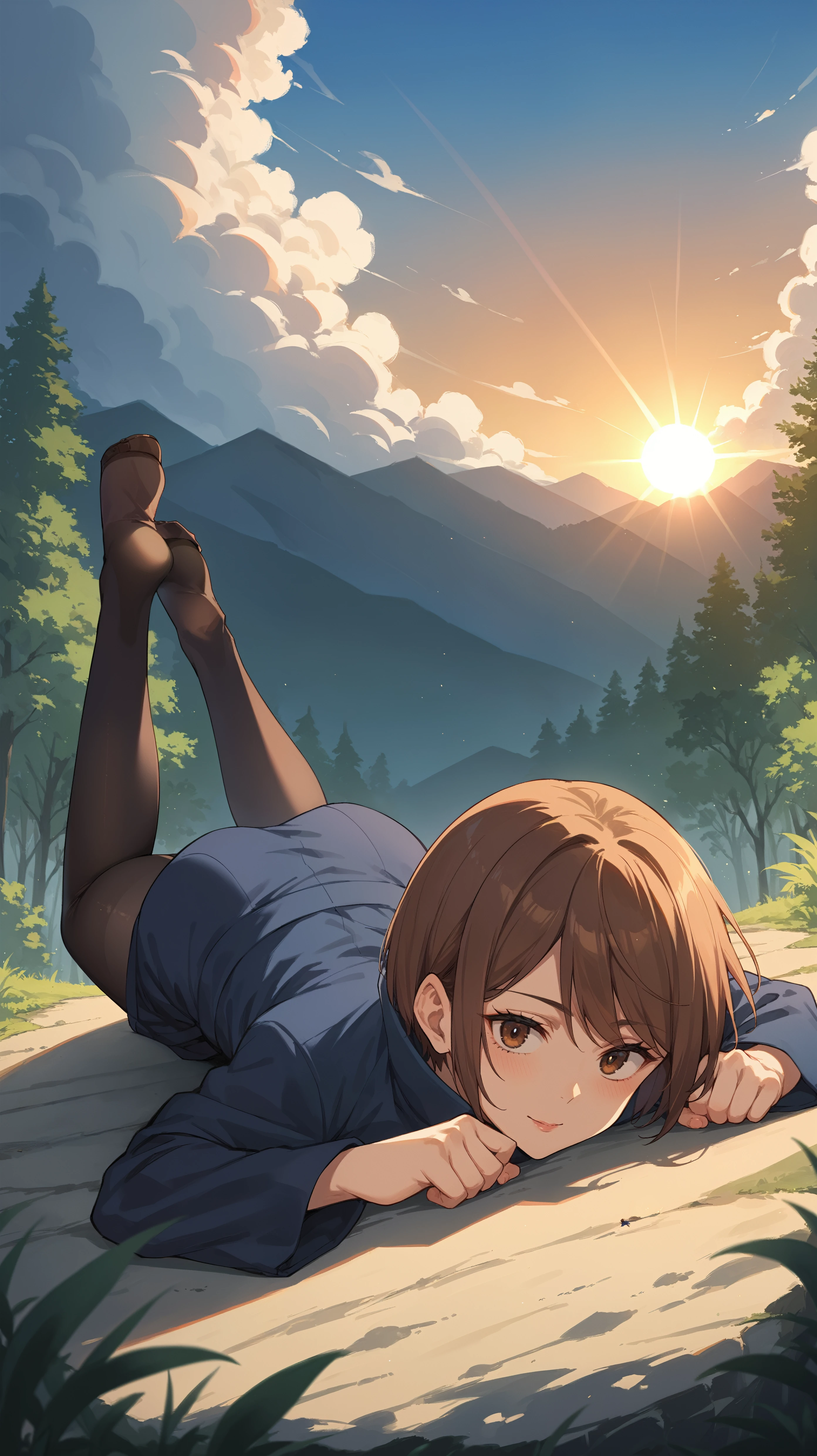 score_9,score_8_up,score_7_up,score_6_up, source_anime, zPDXL3, <lora:xl_more_art-full_v1:0.5>, girl, dynamic pose, lying on stomach, <lora:Shoko Ieiri - Pony-000004:0.8>, bShoko, short hair, brown hair, brown eyes, jujutsu uniform, blue jacket, long sleeves, blue skirt, pantyhose, sunrise, forest, outdoors, light rays, clouds,