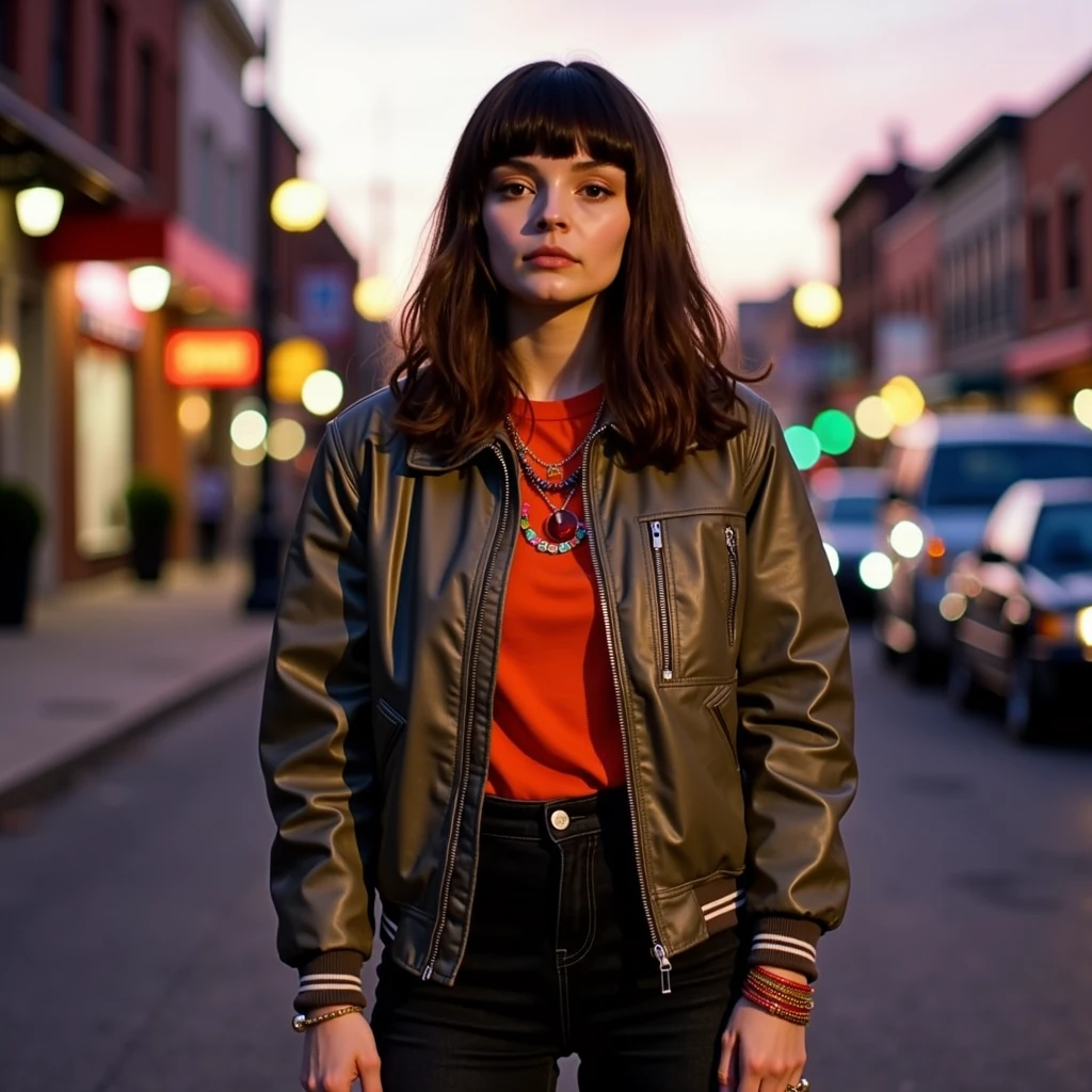 lmbr, cinematic, full body shot of Lauren Mayberry, she has long layers hair, she has slick back hair style, contrasting lights, in the town downtown of a quiet town, she's wearing 2000s fashion jacket, black denim pants, orange long slive shirt,  scarlet undershirt, she's wearing colorful necklaces, bracelets and gold colorful rings. The camera is fixed front-facing her, at dusk,  photorealistic, real photography, 8k, hd, 85mm  <lora:lauren-mayberry:1>, Photorealistic, Hyperrealistic, Hyperdetailed, analog style, soft lighting, subsurface scattering, realistic, heavy shadow, masterpiece, best quality, ultra realistic, 8k, golden ratio, Intricate, High Detail, film photography, soft focus, RAW candid cinema, 16mm, color graded portra 400 film, remarkable color, ultra realistic, textured skin, remarkable detailed pupils, realistic dull skin noise, visible skin detail, skin fuzz, dry skin, shot with cinematic camera