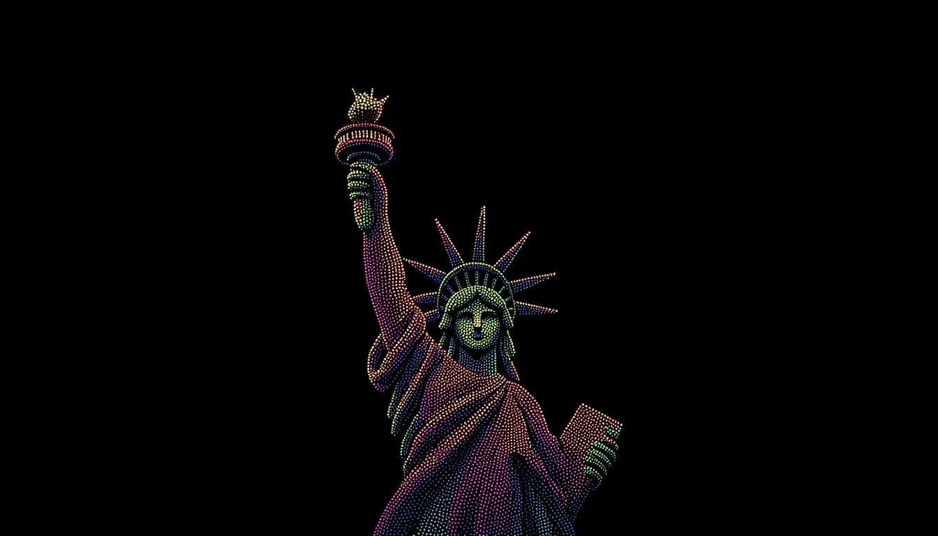 Statue of Liberty, made from glowing dots, in the style of PSYCHDOT, isolated on a solid black background