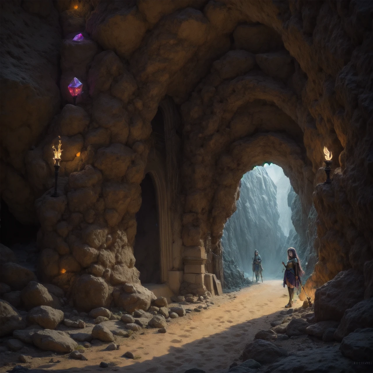 close-up, holding torch, gems, 1girl, knight, standing, underground passage, sand, rocks, dim light, <lora:elepw:0.8>, elementalplaneearth, <lora:more_details:0.6>, high quality, highres, masterpiece, best quality, 8k, intricate, detailed, <lora:add_detail:0.6>, very detailed