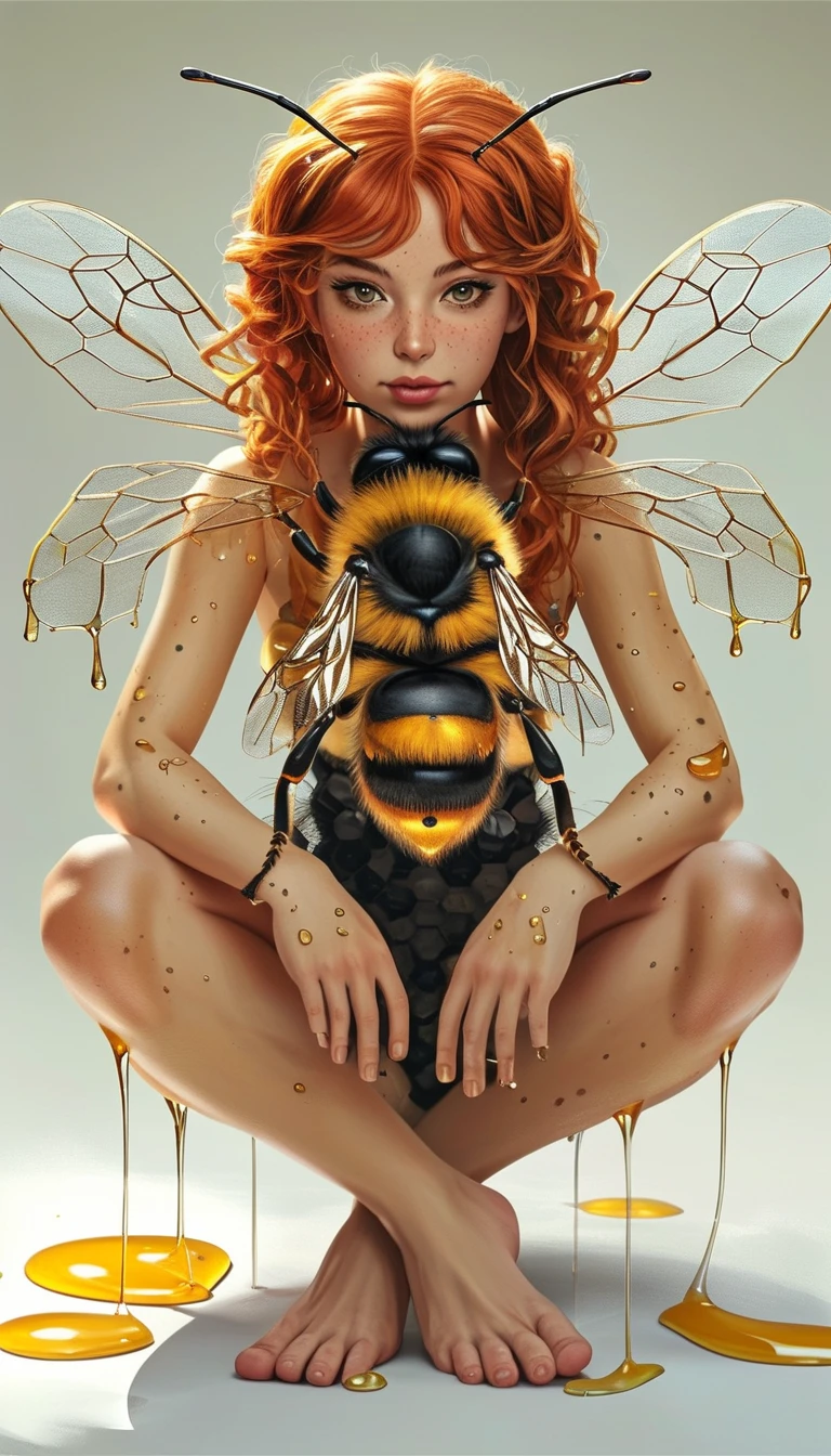 score_9, score_8_up, score_7_up miniature anime realistic bee woman hybrid half bee half woman ginger freckles hair squinting giant bee in her lap 