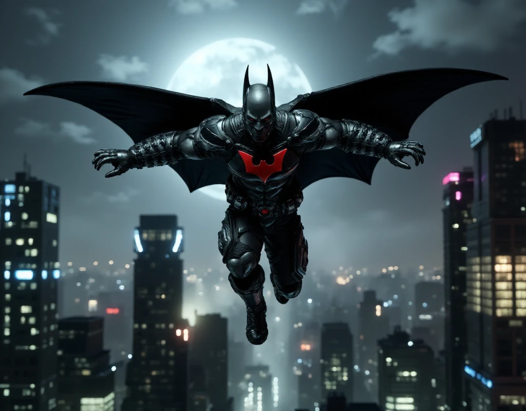 Batman_Beyond_Suit  is flying with a cape falling from a building  <lora:Batman_Beyond_Suit:0.9>