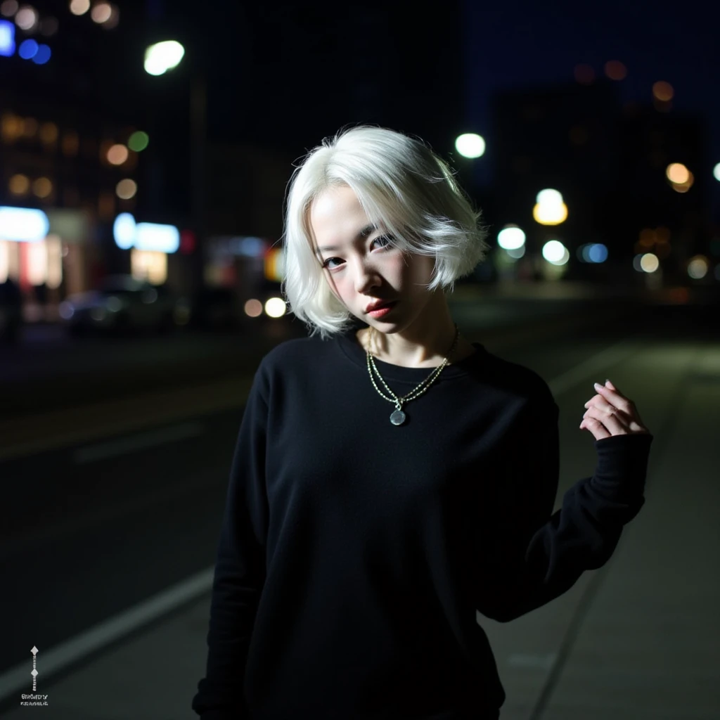 aesthetic_pose, dynamic_pose, dramatic_lightning, solo, looking at viewer, short hair, white hair, 1girl, holding, jewelry, black shirt, upper body, female focus, necklace, shadow. A young woman with short, white hair stands in the middle of a city. night setting, artificial lightning.