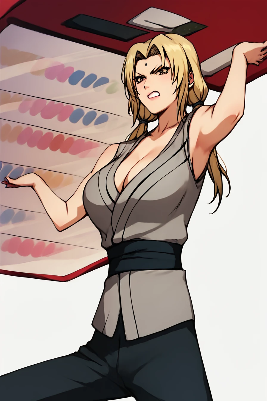 score_9, score_8_up, score_7_up, score_6_up, score_5_up, score_4_up,   <lora:tsunade-s2-ponyxl-lora-nochekaiser:0.8> , tsunade, blonde hair, yellow hair, facial mark, forehead mark, long hair, makeup, mature female, brown eyes, parted bangs, twintails, low twintails, large breasts, cleavage, bare shoulders, collarbone, japanese clothes, sleeveless, pants, kimono, sash, bare arms, grey kimono, angry, 1girl, alone,  <lora:throwing_vending_machine:0.8>, vending machine, carrying vending machine, masterpiece, highres, highly detailed face, white background, simple background