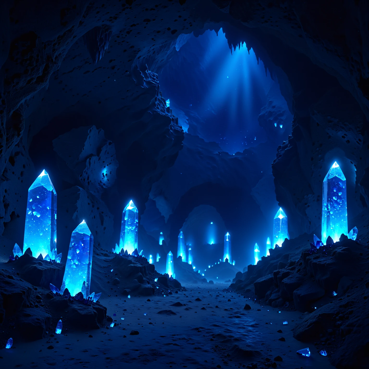 scenery, landscape, blue crystals, cave, underground, dark, dimlight, best quality, masterpiece, 4k, uncensored, prefect lighting, rating_explicit, very aesthetic, detailed, <lora:add_details_xl:0.6>, very detailed, <lora:SDXLHighDetail_v5:0.6>, <lora:elesdxl:1>, elementalplaneearth