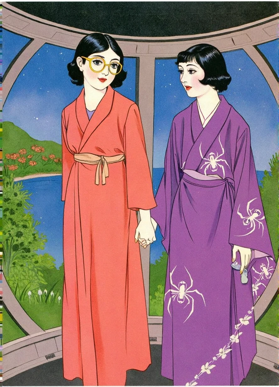 shigerusudo illustration. 1930s illustration of two young women holding hands. one woman is wearing yellow glasses and the other woman is wearing purple spider lily print. full body visible, from head to toe. scene inside the holodeck on a fall night near Palermo Italy.