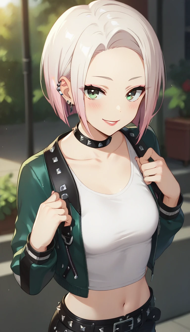 score_9,score_8_up,score_7_up,score_6_up BREAK official art,solo,outdoors,upper body,(portrait:1.5),looking at viewer,facing viewer,smile,blush,taut clothes,Kyoko,medium hair,white hair,multicolored hair,pink hair,jewelry,earrings,ear piercing,forehead,parted bangs,eyeshadow,grey eyes,lipstick,black choker,collarbone,midriff,green jacket,floral print,open jacket,white tank top,long sleeves,white sleeves,small breasts,black belt,studded belt,belt buckle,black pants,leather pants,high heel boots,black footwear,<lora:Kyoko(gbc)-Pony:1.3>,