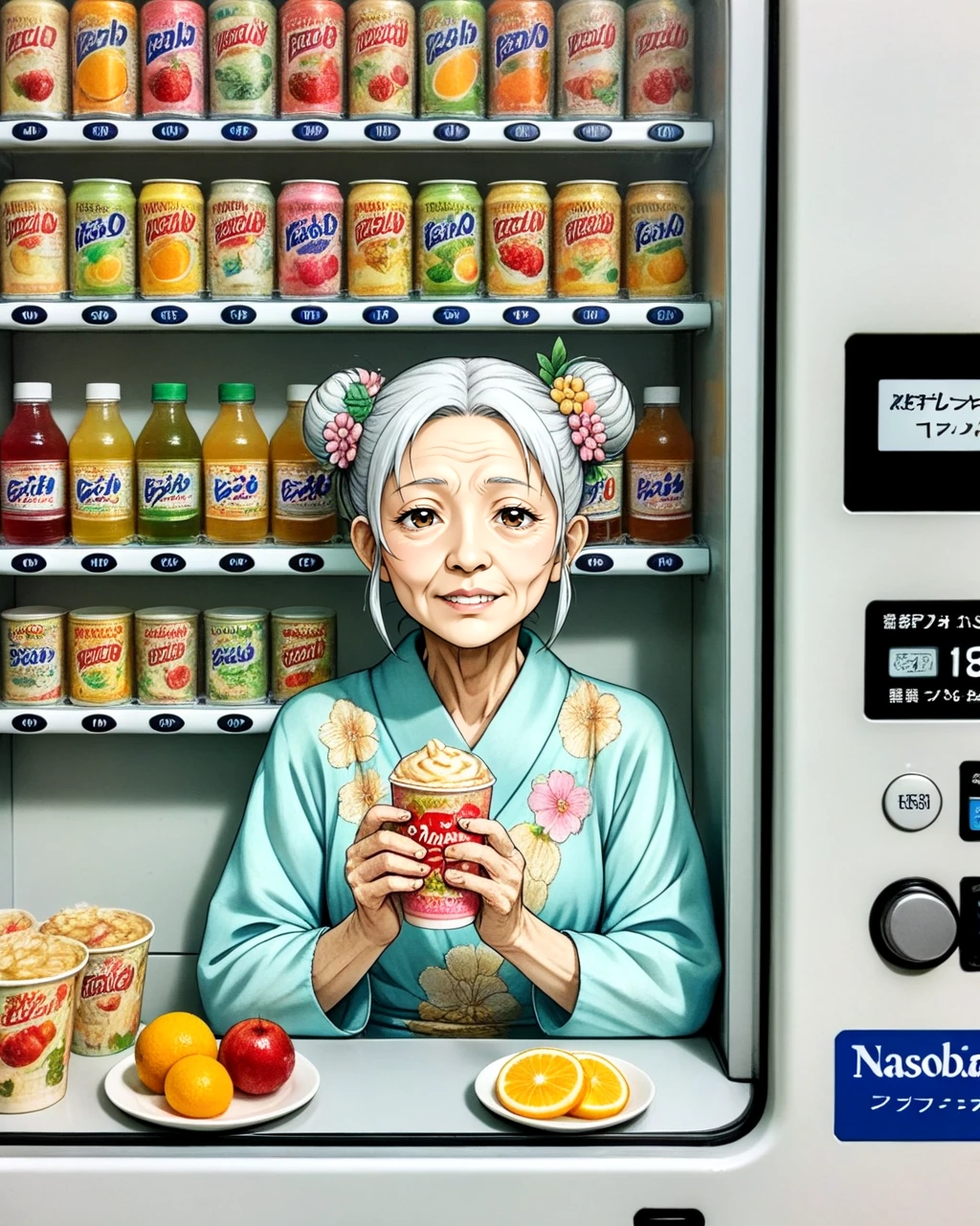 <lora:vending_machine_SDXL:0.5>, old woman, anime, wrinkled skin, nasolabial fold, long sleeves, vending machine, cup of liquid, 1girl, solo, long_hair, looking_at_viewer, hair_ornament, dress, jewelry, upper_body, food, teeth, indoors, hair_flower, medium_hair, water, hair_bun, arm_up, english_text, lips, fingernails, double_bun, fruit, blue_dress, traditional_media, holding_food, holding_cup