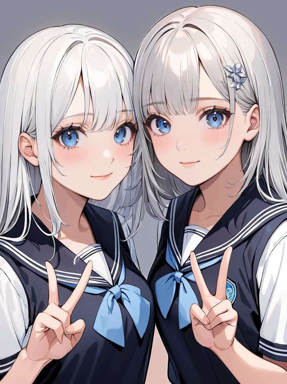 masterpiece,ultra-detailed,best quality,8K,illustration,cute face,clean skin ,shiny hair,2girls,ultra-detailed-eyes,simple background, <lora:add-detail-xl:1> <lora:double v_XL_V1.0:0.8> double v,upper body,school uniform