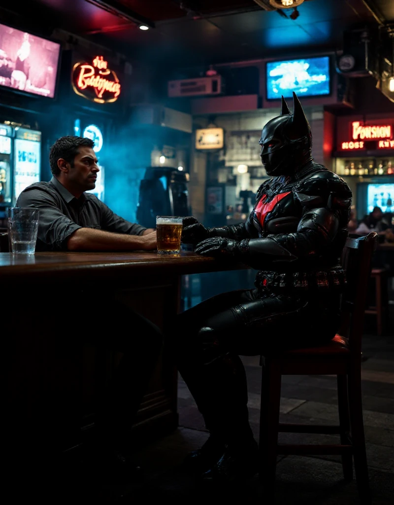 Batman_Beyond_Suit is having a beer  in a gotham city pub<lora:Batman_Beyond_Suit:0.9>