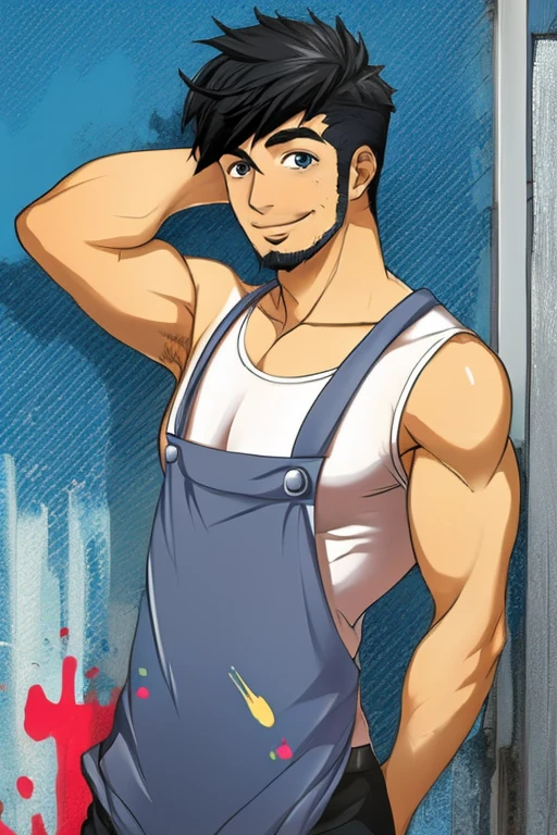 (masterpiece),(best_quality),1boy,Kongouzu,goatee,smile,tank top,bare shoulders,blue apron,paint splatter,<lora:Kongouzu:1>,