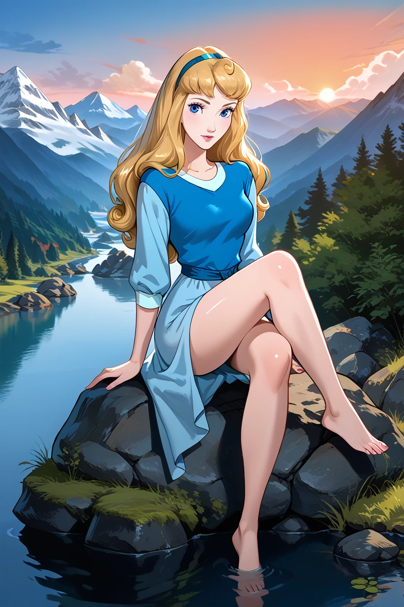 score_9, score_8_up, score_7_up,
<lora:DisneyAurora:0.8>
DisneyAurora, 1girl, blonde hair, blue eyes, long hair, looking at viewer, gazing into distance, serene expression, sitting on rock, one leg bent, mountains in background, sunrise, misty atmosphere