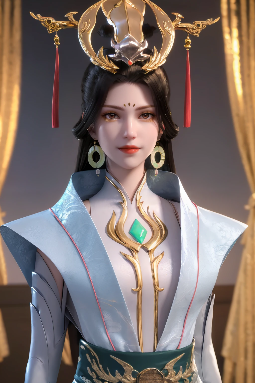 <lora:xuanxi128+64:0.8>,xuanxi,1girl,jewelry,earrings,solo,(red tassel:0.65),white ribbon,dress,forehead mark,long hair,black hair,facial mark,closed mouth,hair ornament,shiny clothes,narrow waist,gold trim,(pale skin:1.2),shiny skin,arms behind back,looking at viewer,
highres,absurdres,masterpiece,4k,8k,best quality,
simple background,marble walls,curtains,sunlight,face light,depth of field,upper body,shiny,smile,