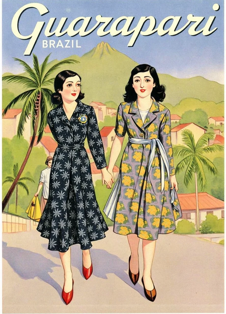 shigerusudo illustration. 1930s travel poster for Guarapari Brazil, featuring two young women walking hand in hand in the city