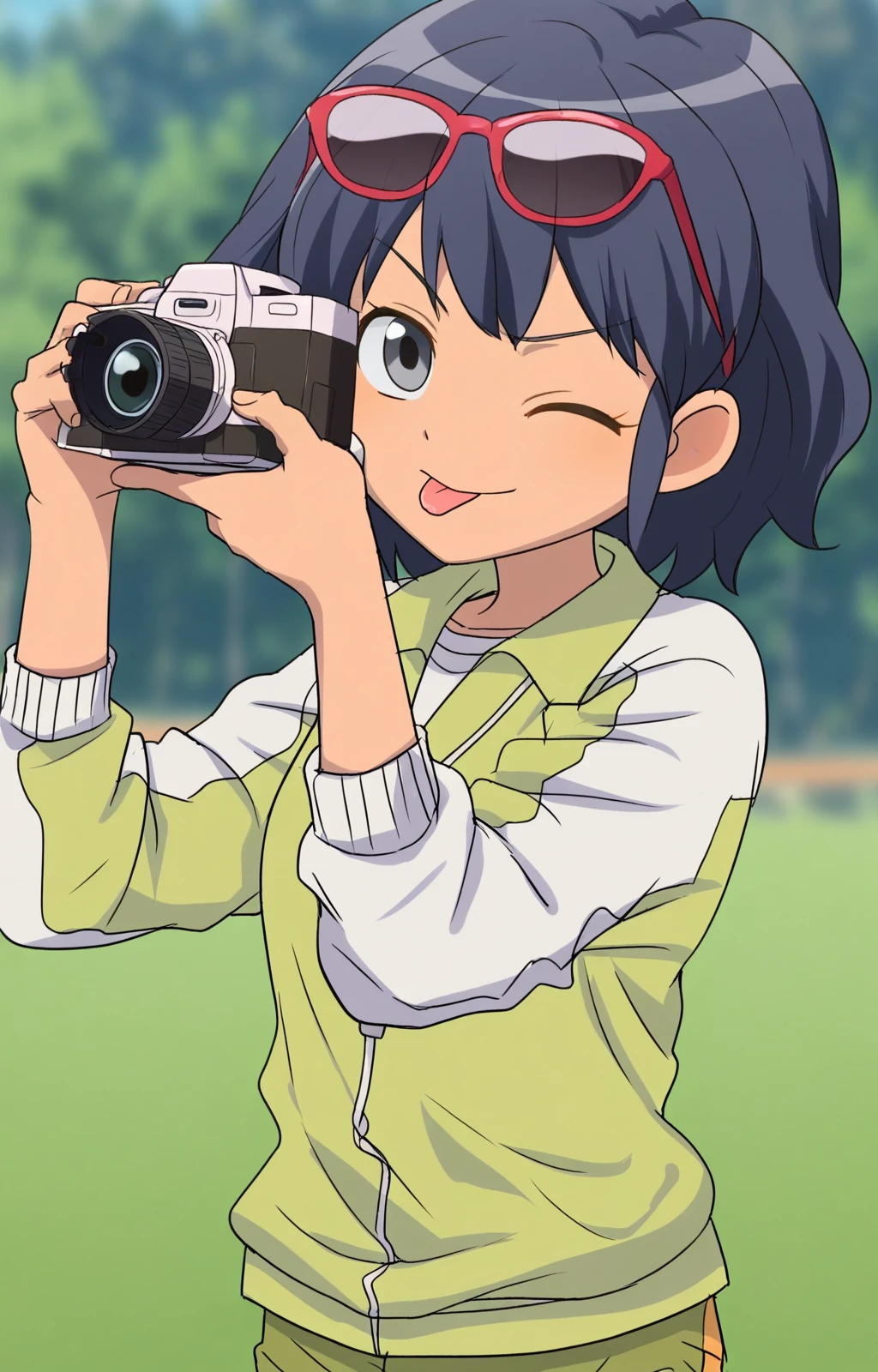 (inazuma eleven, official style:0.2), blurry background, masterpiece, best quality, 1girl, harunajacket, grey eyes, eyewear on head, long sleeves, green shorts, <lora:Otonashi_Haruna_IllustriousXL:1>, looking at viewer, pose, one eye closed, tongue out, holding camera, taking picture, upper body,