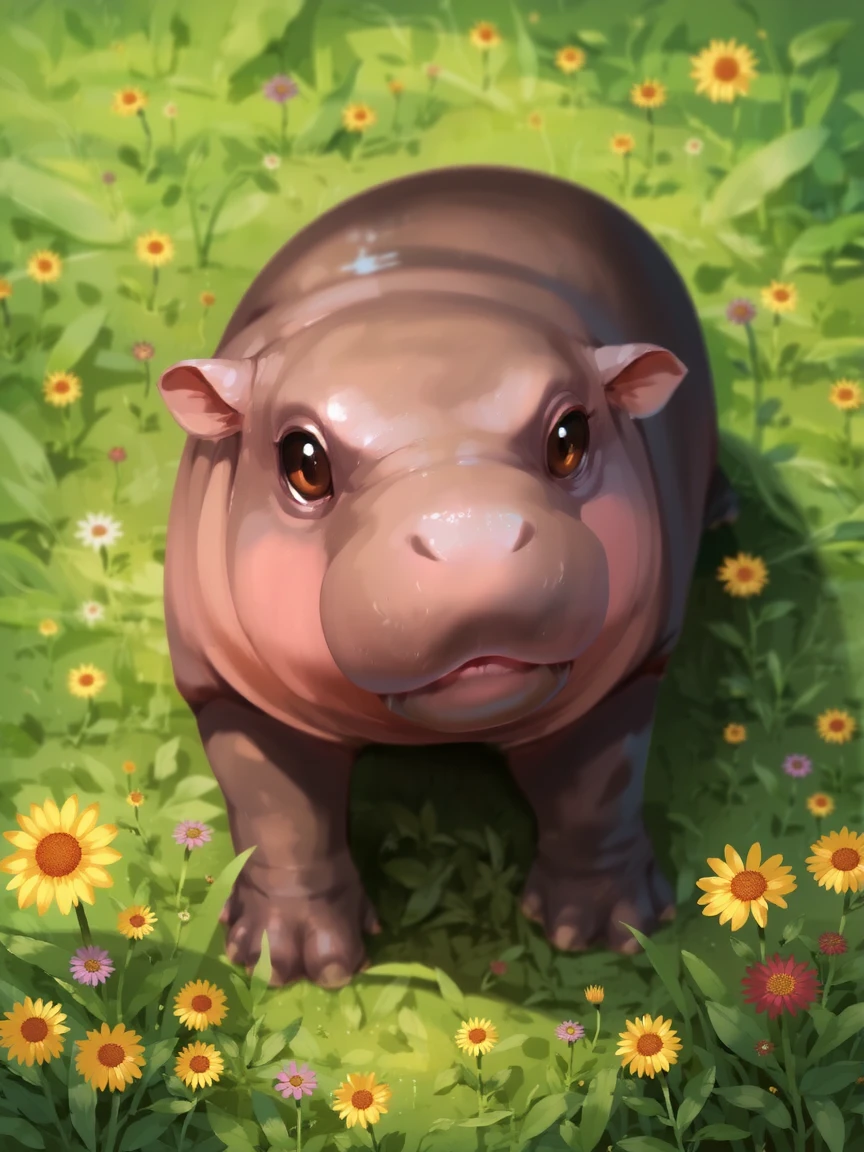 This is a digital painting rendered in a realistic, slightly whimsical style. The artwork features a baby hippopotamus as the central subject. The hippo is depicted in a lush, green meadow setting with a mix of wildflowers and grass. The hippo's body is rendered in a warm, earthy brown tone, with a slightly lighter shade for its face and a darker shade for its body. Its eyes are large and expressive, giving it a curious and endearing look.