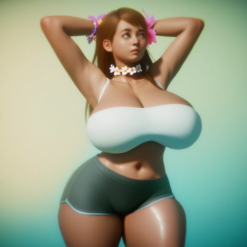 Generate picture of lightskin girl with curly hair who is beautiful and naked with white painted toes and huge boobs