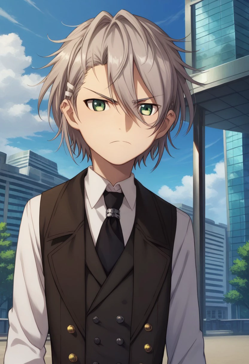 score_9, score_8_up, score_7_up, source_anime, highly detailed, 
sukuna, 1boy, male focus, solo, grey hair, hair between eyes, hair ornament, green eyes, shirt, collared shirt, white shirt, necktie, vest, looking at viewer, frown,
outdoor, sky, clouds, buildings