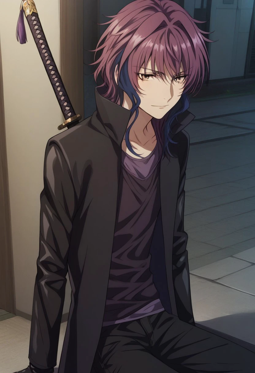 score_9, score_8_up, score_7_up, source_anime, highly detailed, 
yukari, 1boy, male focus, solo, multicolored hair, purple hair, blue hair, long hair, brown eyes, shirt, black shirt, purple shirt, long sleeves, pants, black pants, coat, black coat, gloves, black gloves, katana, weapon, sword on back, shoes, black footwear
outdoor,