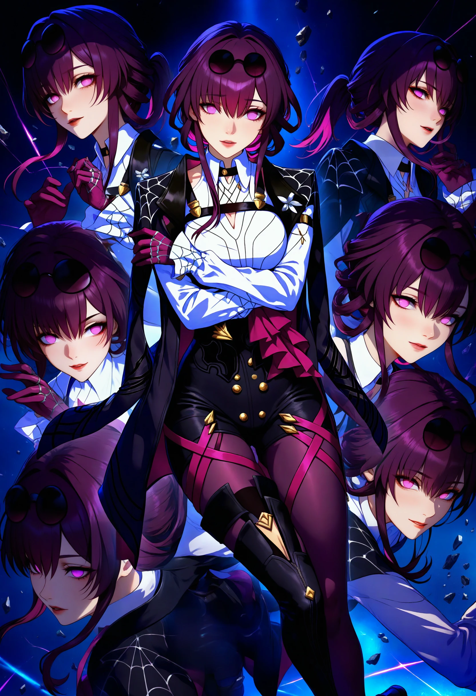 masterpiece, best quality, 1girl, kafka \(honkai: star rail\), purple eyes, bangs, eyewear on head, collared white shirt, long sleeves, jacket on shoulders, black jacket, black shorts, gloves, purple gloves, pantyhose under shorts, criss-cross straps, thigh strap, purple pantyhose, thigh boots, asymmetrical legwear, multiple views, shatter, falling, split, dynamic pose, dark, expressions,