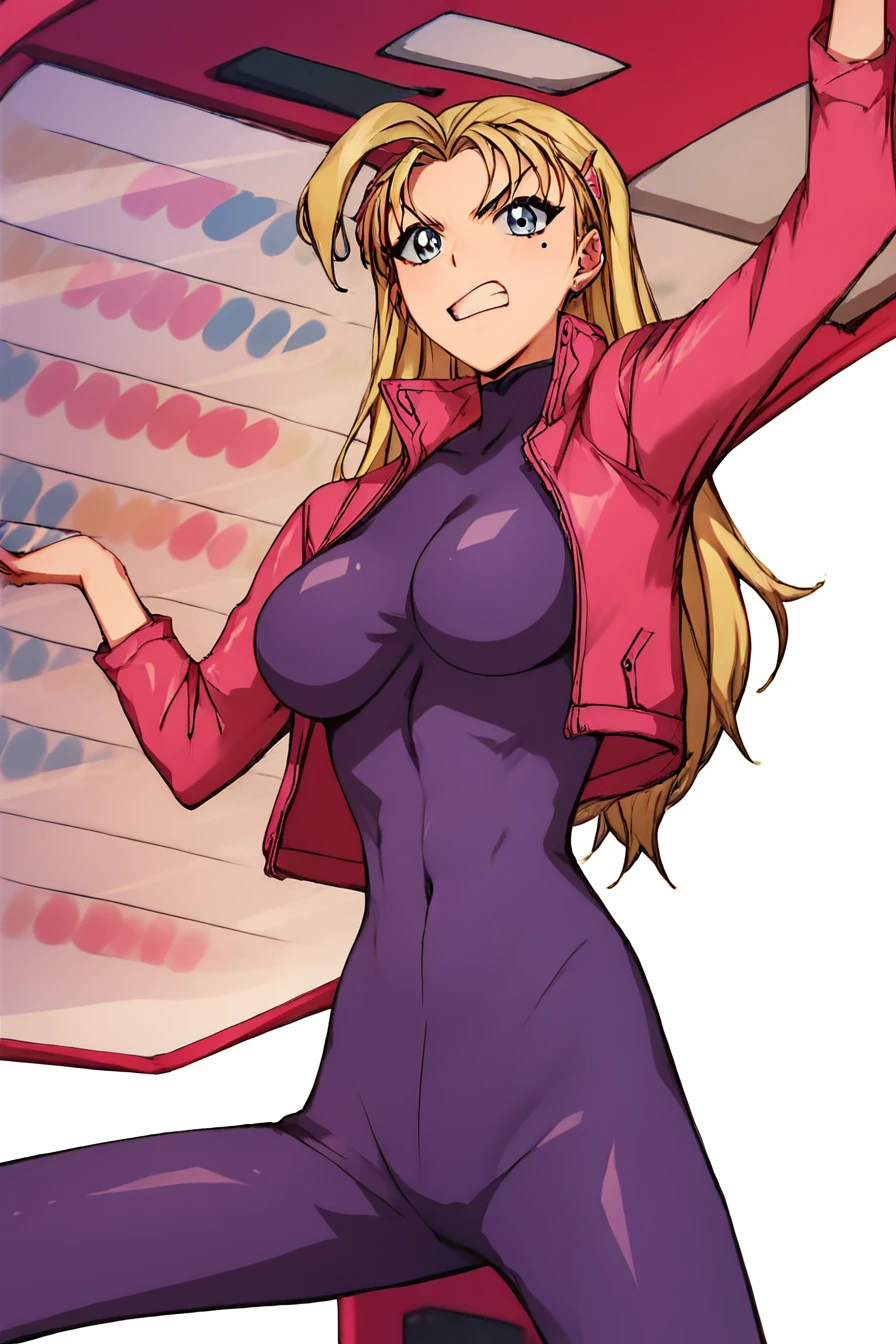 score_9, score_8_up, score_7_up, score_6_up, score_5_up, score_4_up,   <lora:Miu_Furinji-000006:0.7> , miu, blonde hair, long hair, blue eyes, mole under right eyes, slim waist, large breast ,pink jacket, purple bodysuit, hairclip, angry, 1girl, alone,  <lora:throwing_vending_machine:0.8>, vending machine, carrying vending machine, masterpiece, highres, highly detailed face, white background, simple background