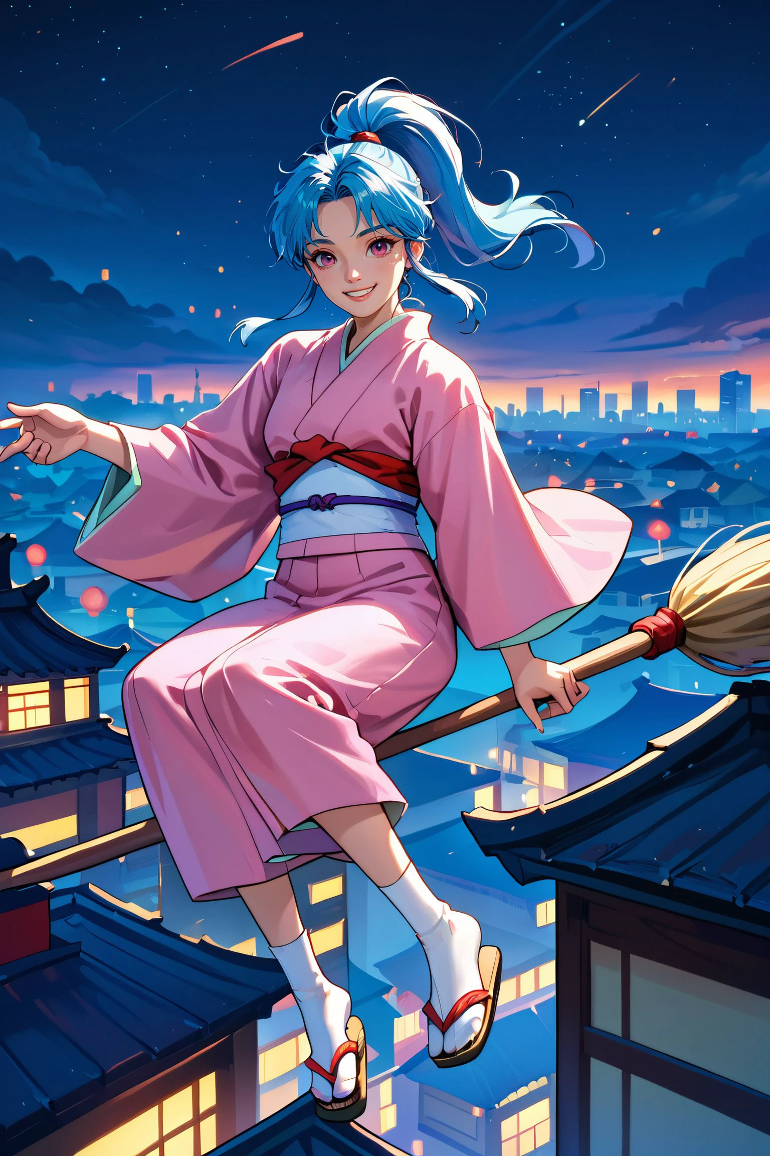 zPDXL3,  <lora:PONYXL_YuYuHakusho_Botan_ownwaifu:.8>,
MainOutfit_Botan_ownwaifu, woman, blue hair, high ponytail, pink eyes, sidelocks, parted bangs, pink kimono, wide sleeves, obi, sash, socks, sandals, smiling, broom riding, in air, city, night time, dynamic shot,