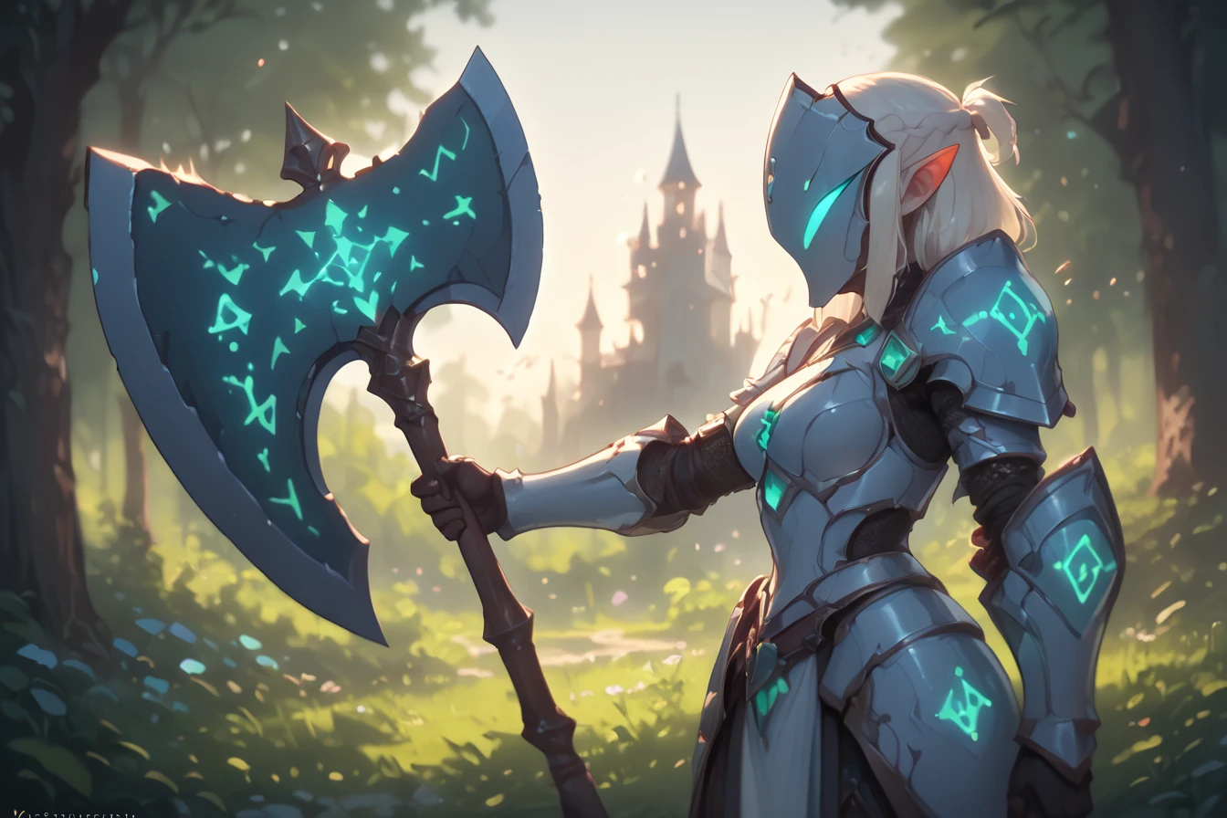 score_9, score_8_up, score_7_up, upscale 2x, (a cinematic full body shot of a female elf paladin wearing armor and wielding a green glowing magical axe with glowing symbols along the axe, standing in attacking pose, fantasy background, castle and forest in background, runeaxe:1.2)