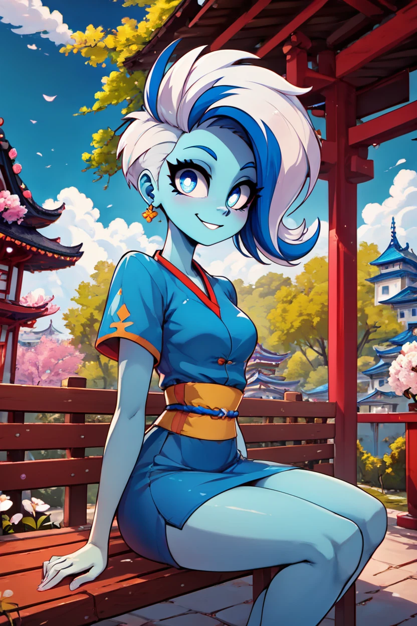 score_9, score_8_up, score_8, medium breasts, (curvy), cute, eyelashes,  (beautiful eyes:1),       BREAK, ,  zzPhantasma, 1girl, colored skin, white hair, multicolored hair, short hair, white eyes, two-tone hair, blue skin, blue hair,  blue kimono, white flowers, short sleeves, blue theme, <lora:Phantasma_PDXL:0.8>,, BREAK, sitting on bench, side view, smile, looking at viewer, cowboy shot,  ,,, BREAK, pnkBldng, sky, day, cloud, tree, blue sky, building, architecture, east asian architecture,  ,,, BREAK, embedding:zPDXL, Expressiveh,  ,,, <lora:PinkBuildingsPDXL_v2:0.6>, <lora:SDXLFaeTastic2400:0.5>, <lora:Expressive_H-000001:0.4>