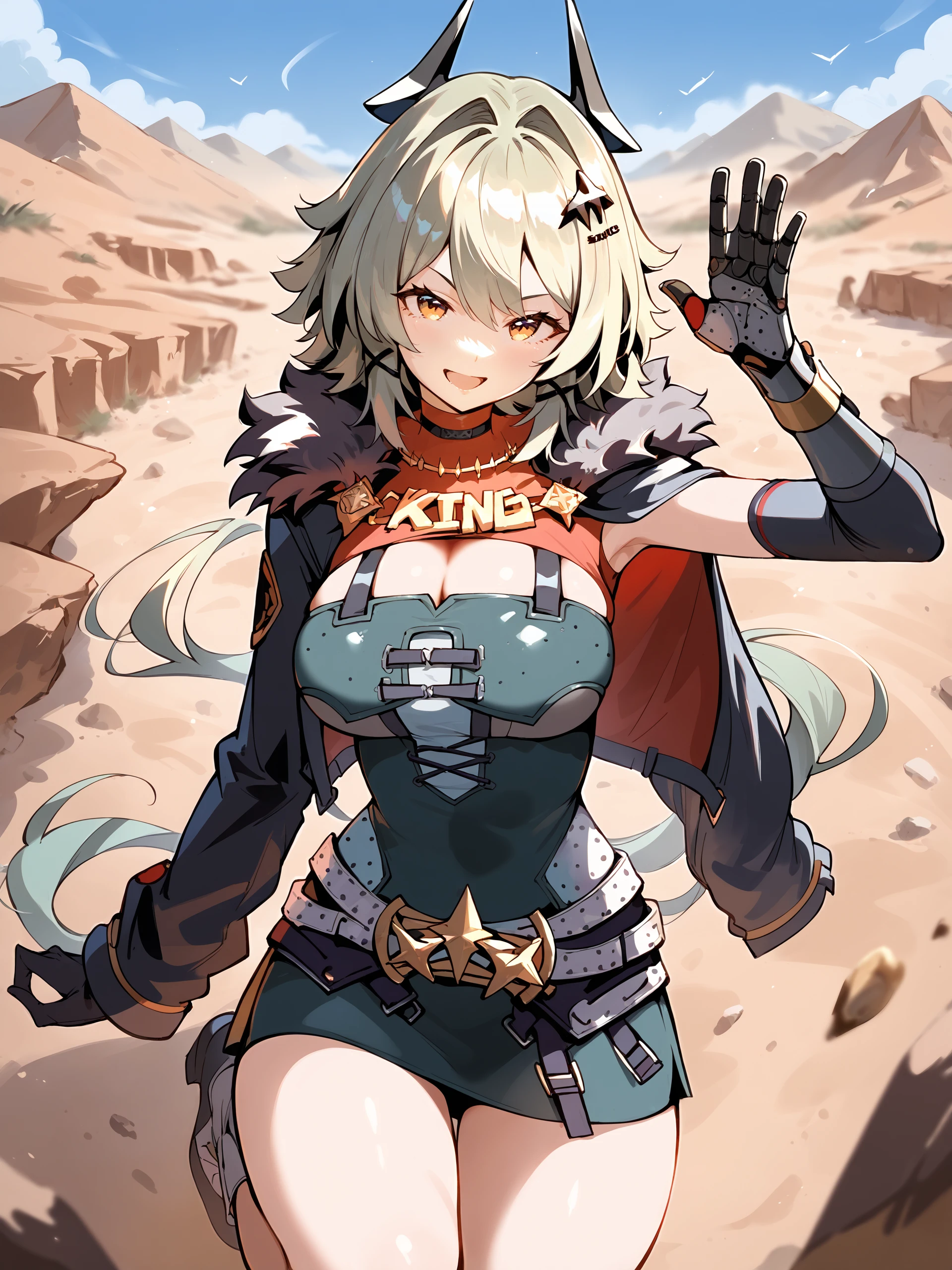 1girl, caesar king \(zenless zone zero\), horns, x hair ornament, hairclip, turtleneck sweater, mechanical arms, pencil dress, fur-trimmed jacket, arm out of sleeve, looking at viewer, smiling, open mouth, desert, outdoors, depth of field, standing on one leg, waving, cowboy shot <lora:Char-ZZZ-Caesar-Pony-V1:1>, score_9, score_8_up, score_7_up, source_anime