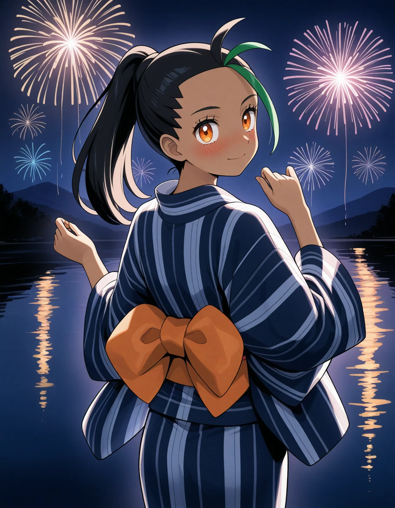 high contrast, official art, official style,
<lora:Hyper8:0.5> 1girl, solo,
nemona \(pokemon\), pokemon sv, black hair, orange eyes, (yukata:1.2), lake, (night, low light, dark theme:1.2), aerial fireworks, looking back, from behind, blush,, masterpiece, best quality, amazing quality, very aesthetic, absurdres