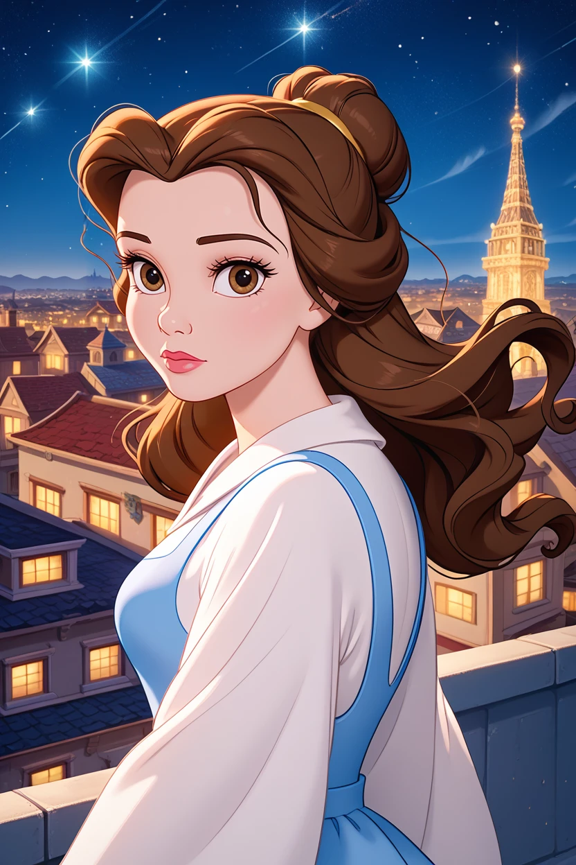 score_9, score_8_up, score_7_up,
<lora:DisneyBelle:0.8>
DisneyBelle, 1girl, brown hair, brown eyes, long hair, looking at viewer, standing on a rooftop at night, city lights twinkling below, wind gently blowing hair, starry sky above, mysterious and enchanting ambiance