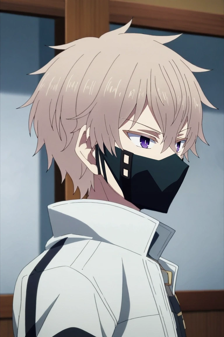 score_9, score_8_up, score_7_up, , rating_safe, , anime screencap, , , , depth of field, 1boy, solo, male focus, <lora:zakuro_oshigiri_pony:0.98>, zakuro_oshigiri, grey hair, purple eyes, short hair, hair between eyes, bangs, mouth mask, from side, great wall of china, indoors, arms under breasts, expressionless, vandal costume, <lora:sdxl_lightning_8step_lora:1>