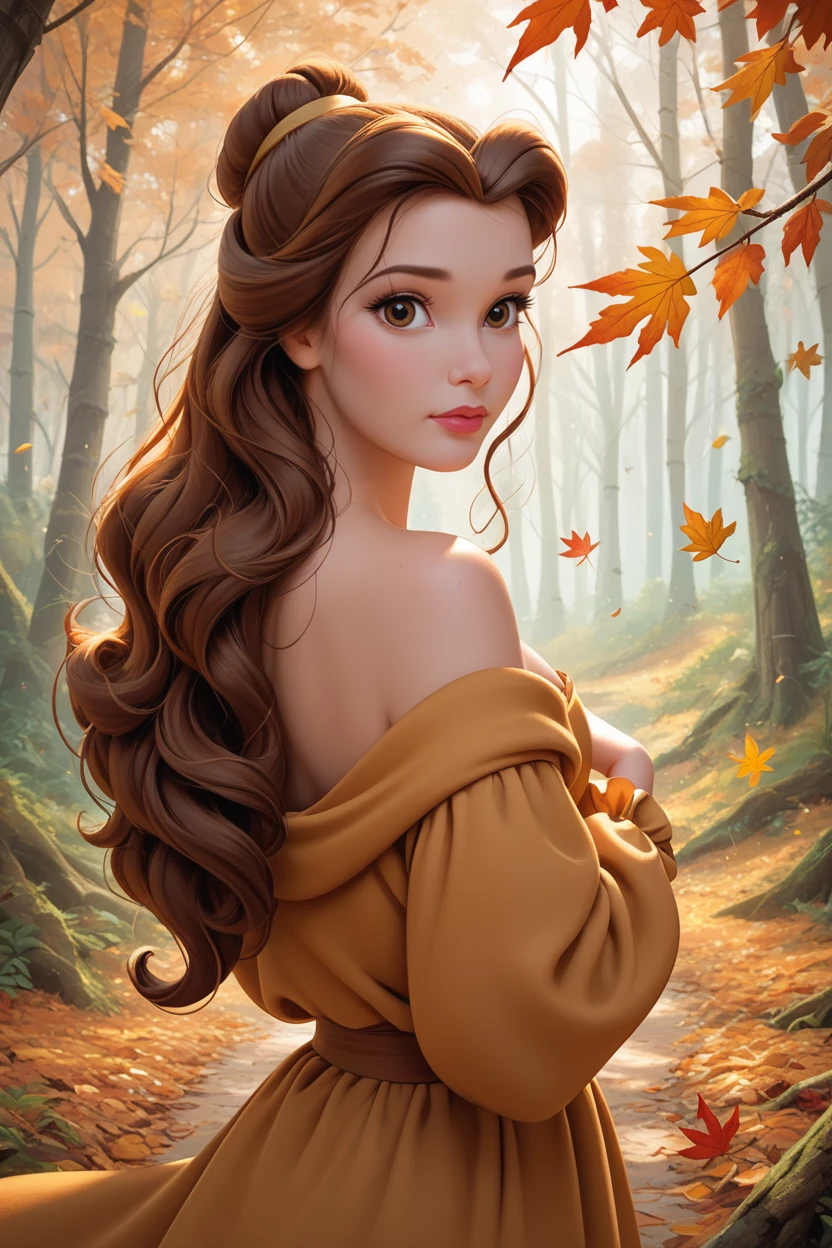 score_9, score_8_up, score_7_up,
<lora:DisneyBelle:0.8>
DisneyBelle, 1girl, brown hair, brown eyes, long hair, looking at viewer, autumn forest with falling leaves in the background, warm earthy tones, cozy and nostalgic feel