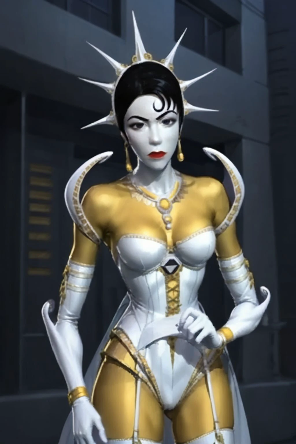 score_9, score_8_up, score_7_up, masterpiece, high quality, highres RAW photo
solo, hexadecimalgoodreboot, 1girl, black hair, short hair, gloves, jewelry, bodysuit, yellow bodysuit, breasts, lipstick, earrings, makeup, large breasts, elbow gloves, necklace, crown, white armor, pauldrons, gauntlets, thighhighs, skirt cape, pale skin, colored skin, white skin, porcelain skin, armor, gold, <lora:HexaDecimalGood_ReBoot_Pony-000010:1>
(skinny, thin), eye contact, flat chest: 1.8, tiny waist, angry, (posing for a photo, cute pose, dynamic angle, from the side)
((futuristic science fiction)) , in a science fiction dystopia, apocalypse survival, outdoors, dynamic lighting