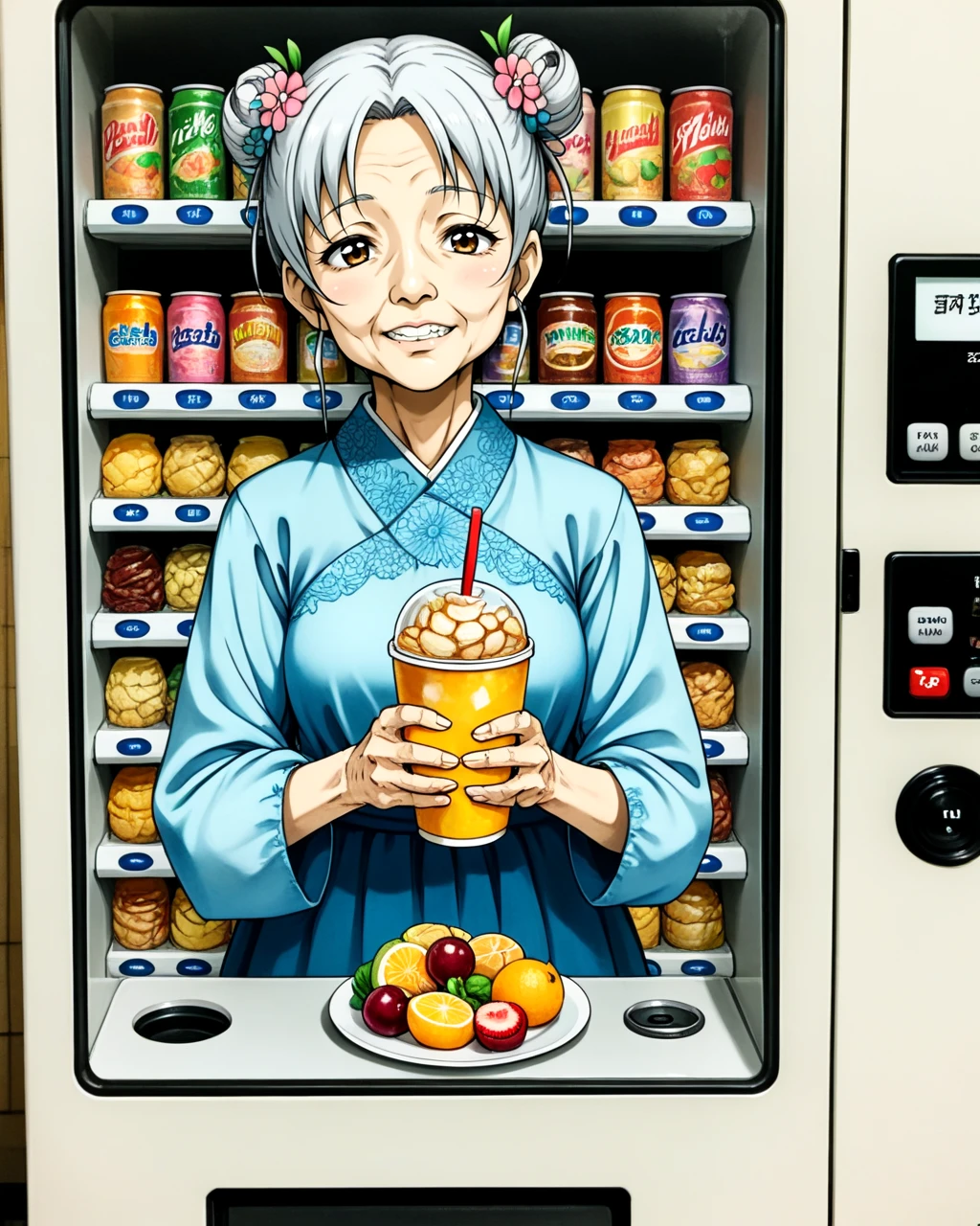 <lora:vending_machine_SDXL:0.5>, old woman, anime, wrinkled skin, nasolabial fold, long sleeves, vending machine, cup of liquid, 1girl, solo, long_hair, looking_at_viewer, hair_ornament, dress, jewelry, upper_body, food, teeth, indoors, hair_flower, medium_hair, hair_bun, double_bun, fruit, blue_dress, traditional_media, holding_food, holding_cup