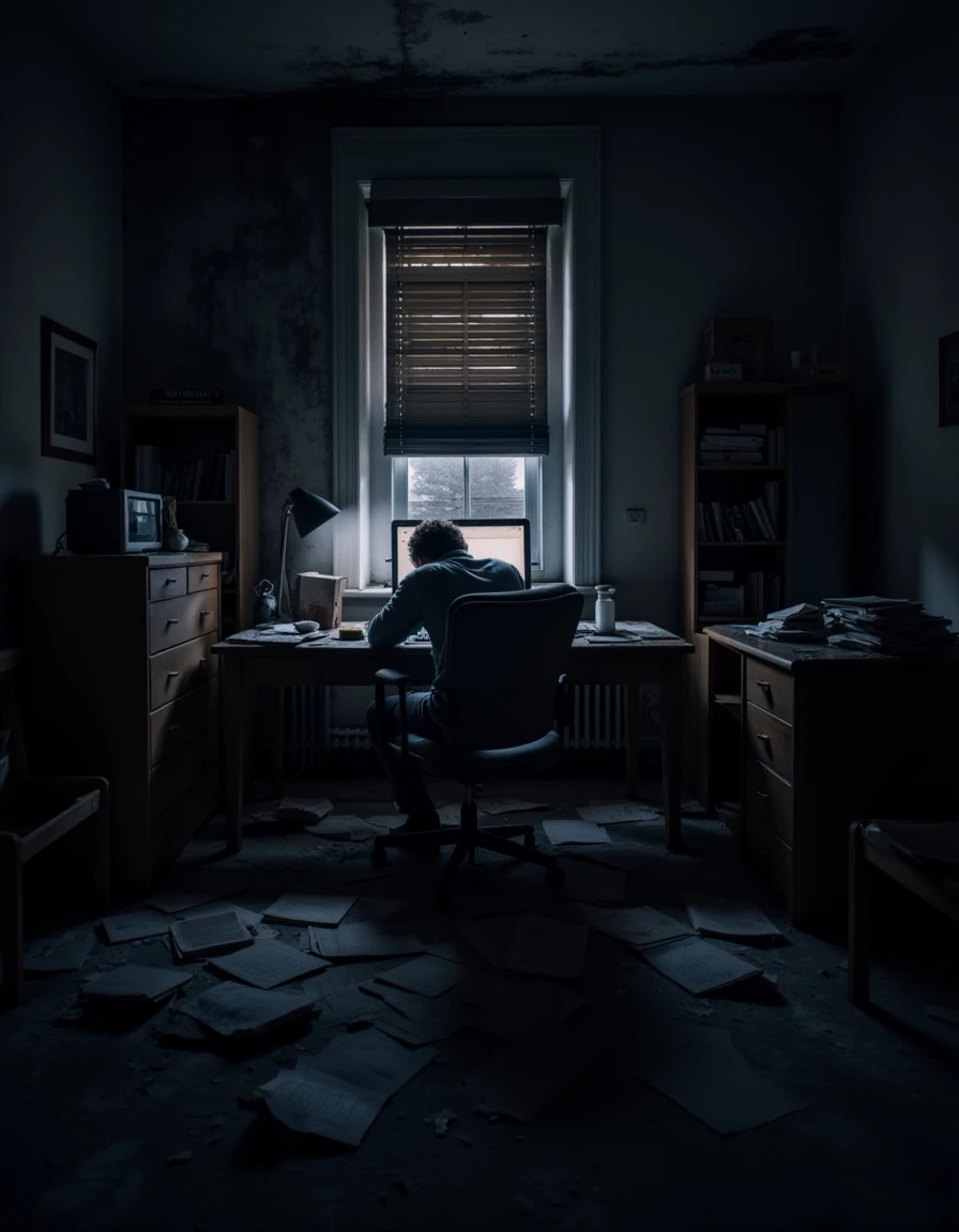 A darkened home office with a glowing computer screen, a person slumped over their desk surrounded by papers., <lora:urban_decay_v20_rank64_bf16-step02016:1>, urban_decay_rooms