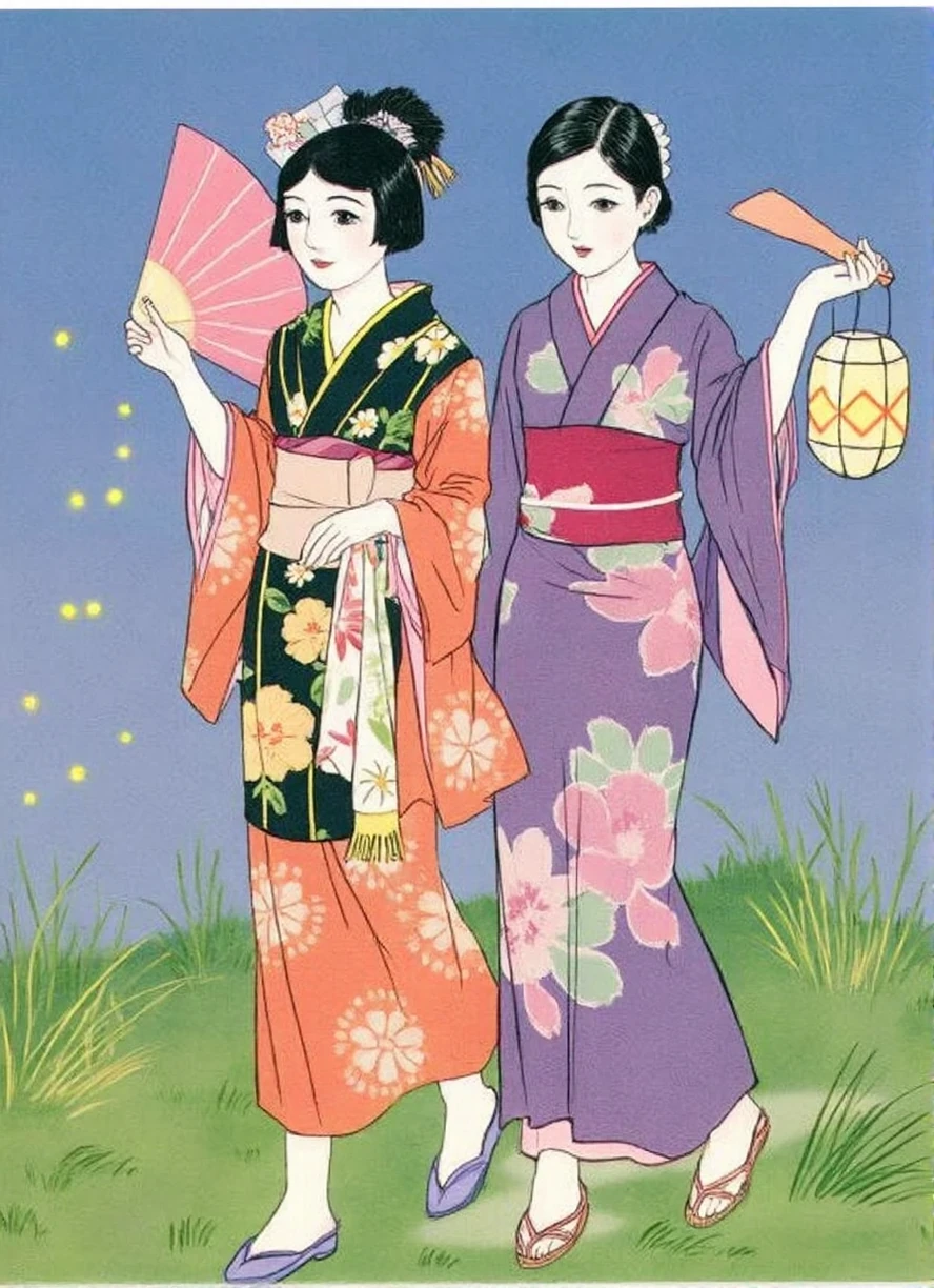 shigerusudo illustration, two women in kimonos walking together. each woman has a paddle-shaped fan in one hand and a lantern in the other hand. fireflies, night, grass