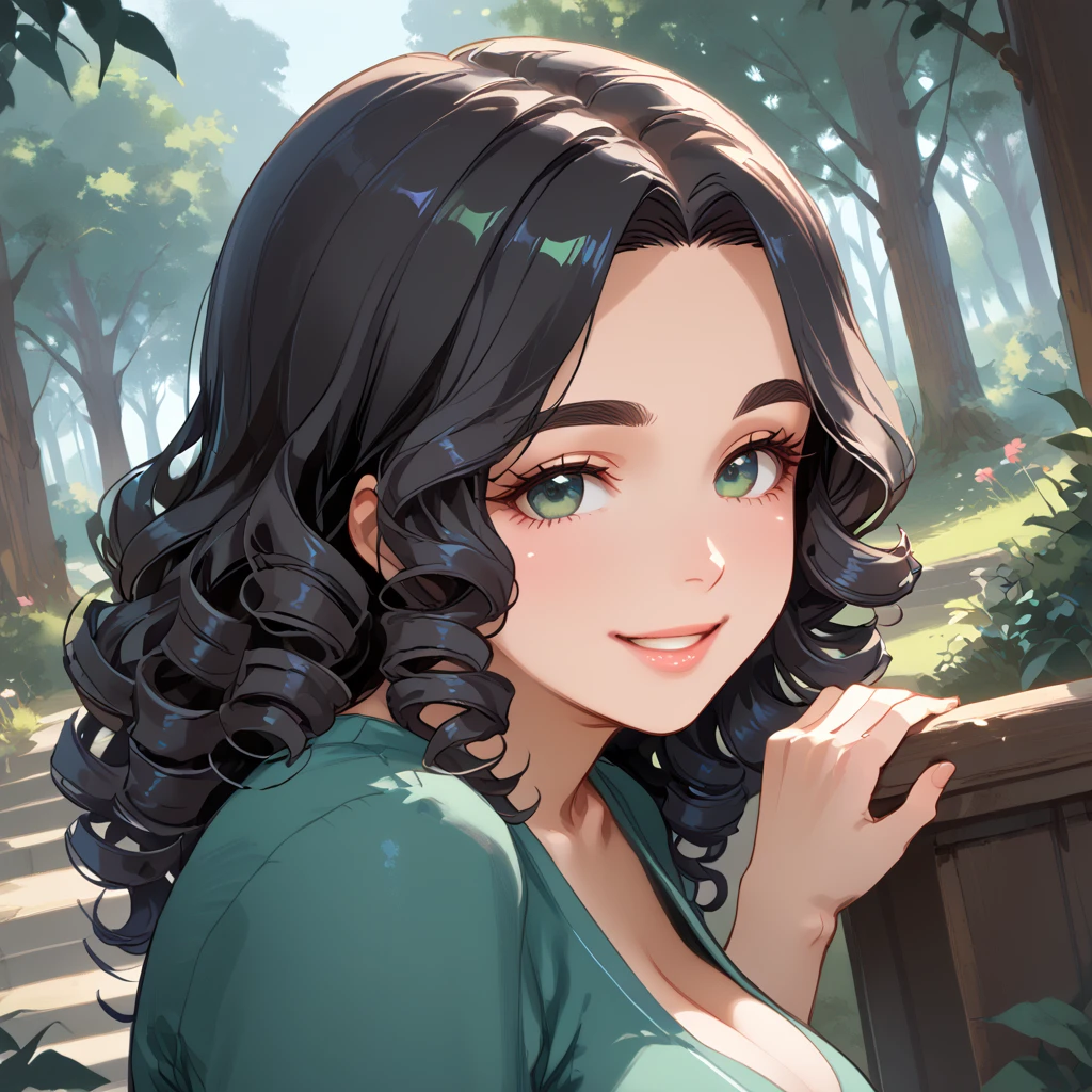 PonyScores7, source_anime, ah1,  <lora:natsumi_style:1> BREAK 1girl, (curly hair), long hair, (black hair:1.3), mature female, (parted hair:1.7), (round face:1.2), (fringe:-0.5), (bangs:-0.5), (hair between eyes:-0.5),  (thick eyebrows), (curvy), round-chin, (greenish hazel eyes), caucasian, (downturned eyes:1.2), (plump face), <lora:ETO_OCPonyXL:0.5> eto_oc, skindentation, (plump), thick thighs, wide hips, busty, voluptuous, kinky curls, lips, <lora:venus body PonyXL:0.4>,  (Proud, Smiling confidently head held high indicating satisfaction and self-respect,), (House Dance Dance), (Castle guards confronting spies,), looking at viewer, (Forest Green fan club president, in casual clothes with fan memorabilia), BREAK <lora:xl_more_art-full_v1:0.2>, <lora:shinyskin2:0.2> glistening skin, <lora:aesthetic_anime_v1s:0.2>, <lora:Expressive_H:0.2> Expressiveh, <lora:hairdetailpxl:0.2> hairdetailpxl, <lora:EpicF4nta5yXL:0.2>, <lora:detailxl:0.2> detailxl, <lora:Fant5yP0ny:0.2>, best quality, amazing quality, best aesthetic, absurdres, <lora:expressive eyes:0.2> expressive eyes, <lora:eyedetailpxl:0.2> eyedetailpxl, illustration, Volumetric_Lighting, ultra-detailed, very aesthetic, intricate details, 8k, masterpiece, best_quality, BREAK (Dutch Angle (from the side) view Close shot (focus on feet)), BREAK <lora:Eyes_High_Definition:0.3> EyesHD, Stable_Yogis_PDXL_Positives, AS-Adult, <lora:Complicated fantasy portrait - XL Pony V2.0:0.4>, bad-hands-5,