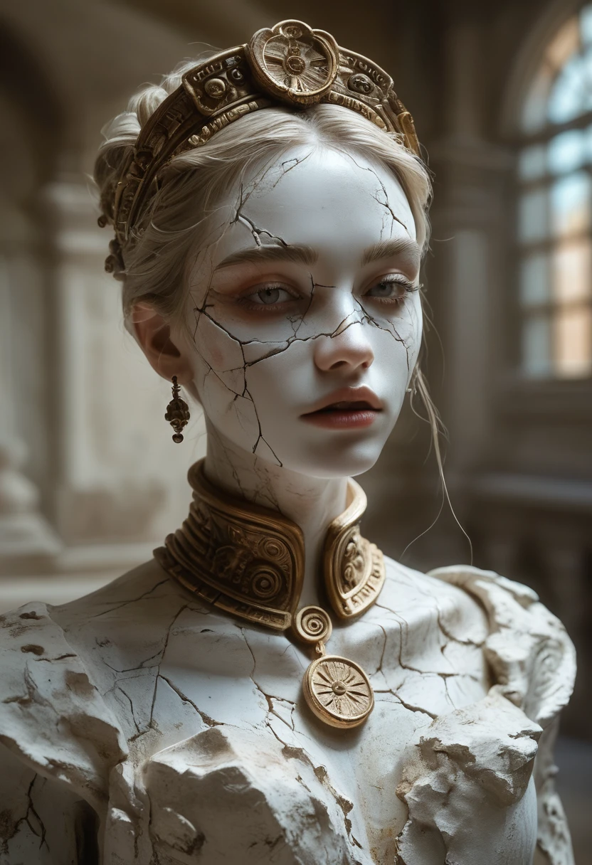 score_9, score_8_up, score_7_up, BREAK, This is a highly detailed, photorealistic digital artwork featuring a young woman with an ethereal, almost surreal aesthetic. The subject has fair skin with a delicate, porcelain-like texture, adorned with intricate, jagged gold and white cracks that resemble a fractured, ancient surface. Her face is painted with a striking, almost otherworldly appearance, with a serene, slightly melancholic expression.